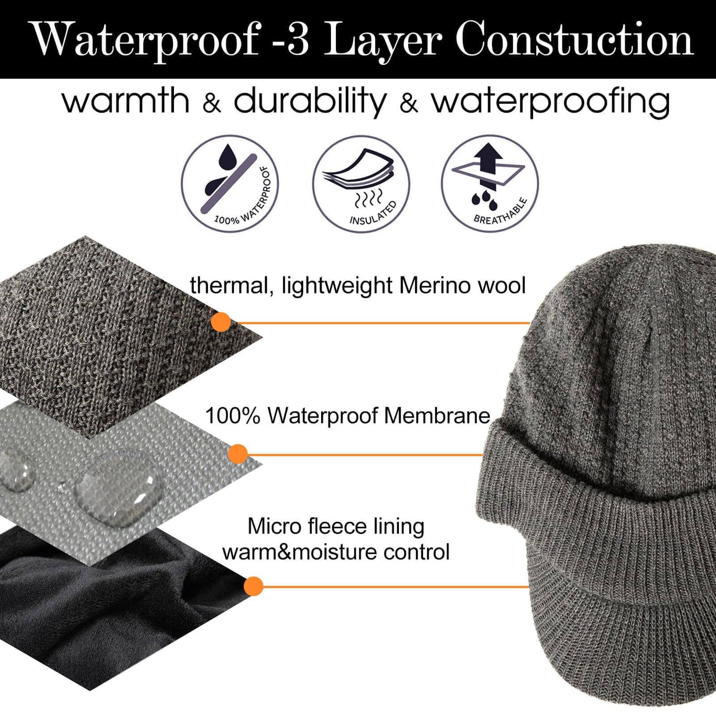 Image Showing TOP-EX Merino Wool Waterproof All Weather Brim Beanie - Product Type Beanie - Buy Now $48.71 - Adventure Gear from Global Trekker