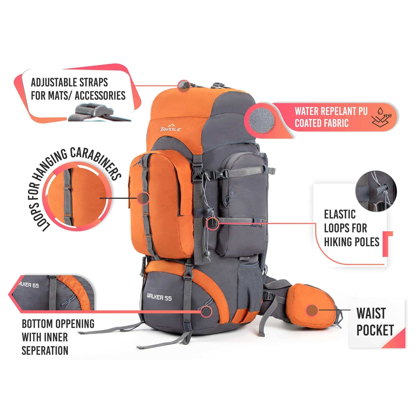 Image Showing Tripole Walker 65 Litres Rucksack Internal Frame - Product Type backpack - Buy Now $94.25 - Adventure Gear from Global Trekker