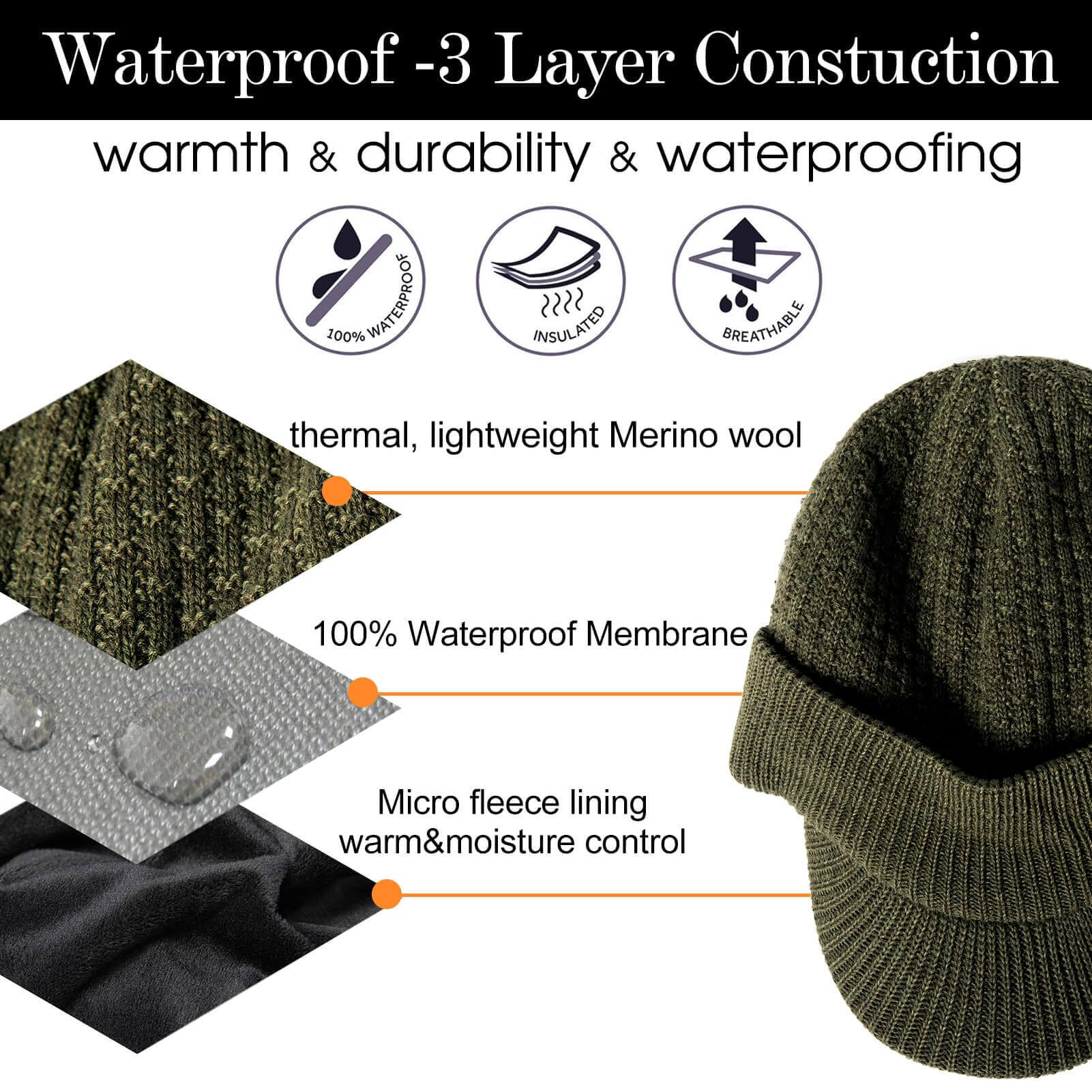 Image Showing TOP-EX Merino Wool Waterproof All Weather Brim Beanie - Product Type Beanie - Buy Now $48.71 - Adventure Gear from Global Trekker